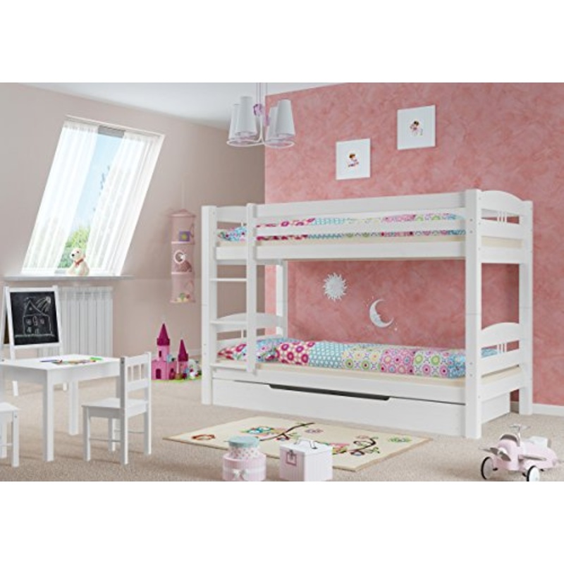 Erst-Holz Letto Castello Bianco 90×200 per Bambini con doghe rigide materassi e cassettone 60.10-09WMS1