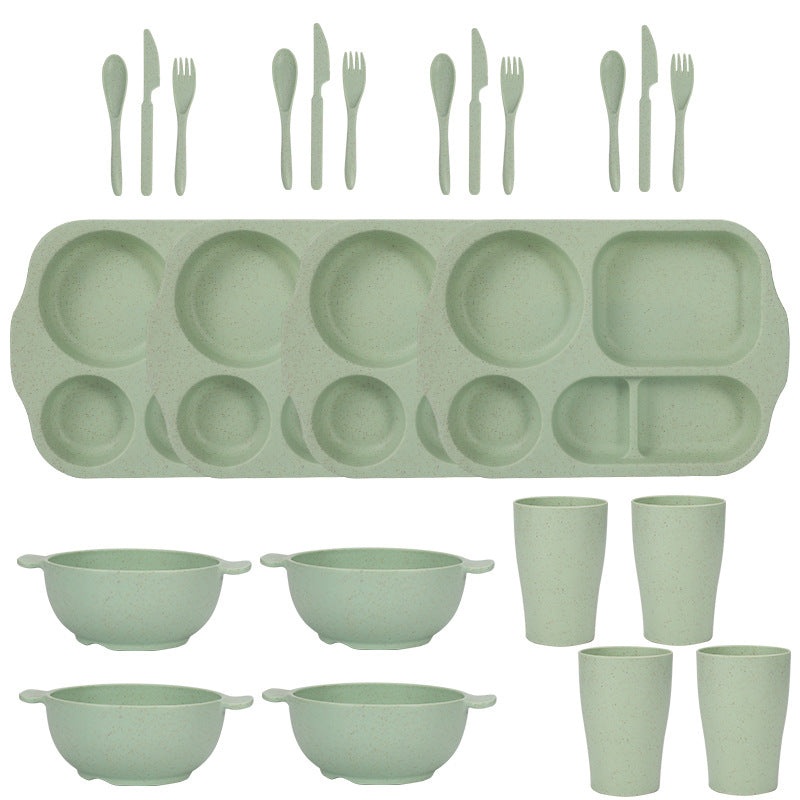 Green Durable Eco-Friendly Wheat Straw Dinnerware Set – 24 Pieces with Plates, Bowls, Cups & Cutlery