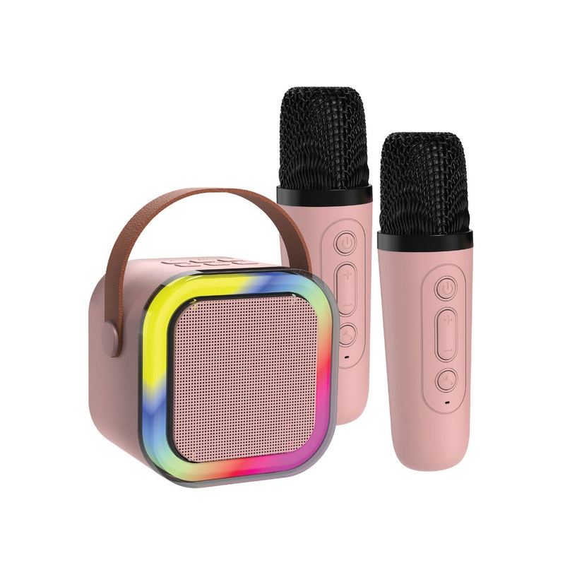 Laser Mini Karaoke Speaker with 2 Wireless Mics – Pink