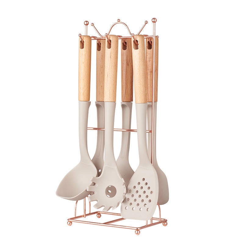 Beige Elegant 7-Piece Silicone Kitchen Utensil Set with Wooden Handles & Rose Gold Stand – Non-Stick Cookware Safe