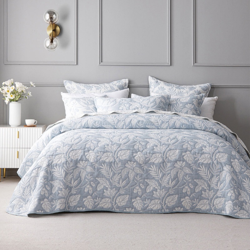 Bianca Laurieton Blue Jacquard Botanical Bedspread Set Double