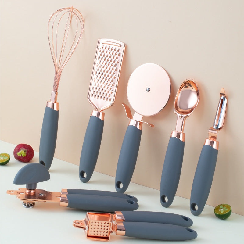 Grey And Rose Gold 7-Piece Kitchen Gadget Set – Stainless Steel Utensils with Comfort Grip Handles