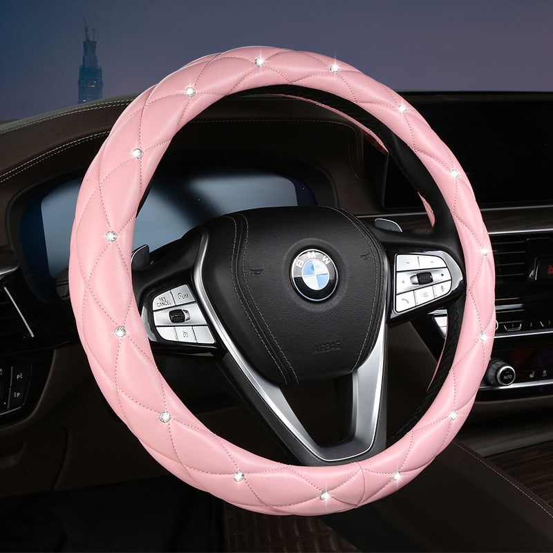 Pink Luxury Bling Steering Wheel Cover – Black Quilted Leather with Crystal Rhinestones, Universal 38cm Fit