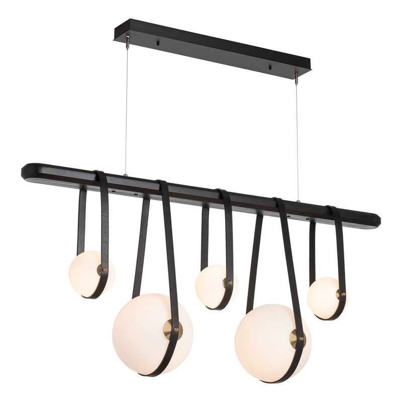 Derby Linear 5-Light LED Pendant Black Antique Brass with Black Leather Black Wood