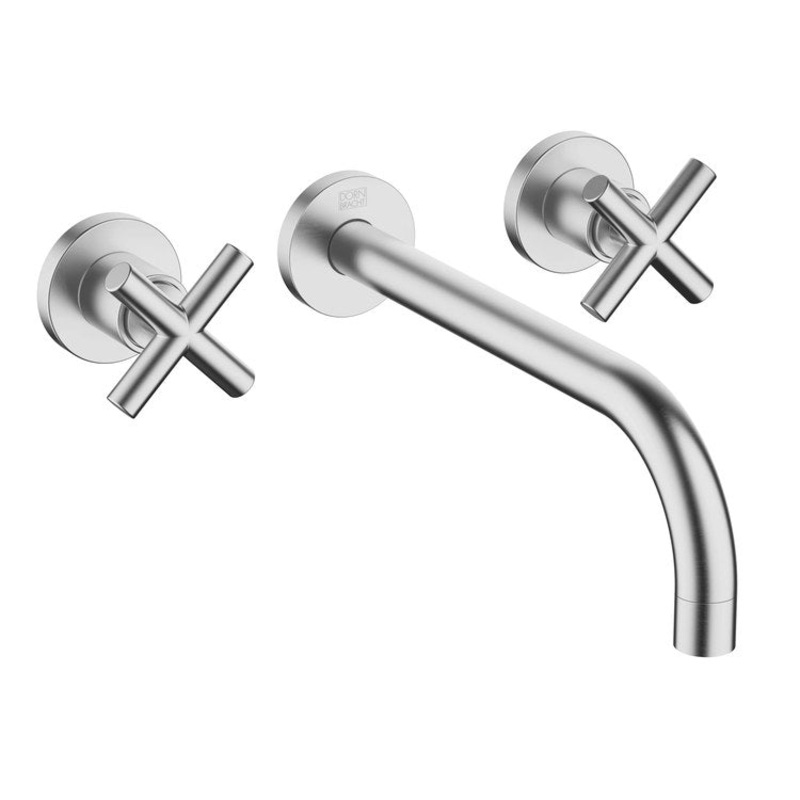 Lavatory Faucet TARA Wall Mount Mixer 2 Cross ADA WaterSense Brushed Chrome 1.2 Gallons per Minute Less Drain 3 Hole