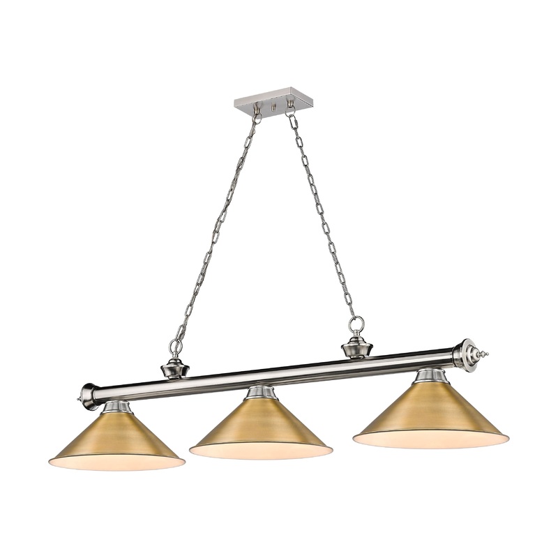 Cordon 3-Light Billiard Brushed Nickel Cone Rubbed Brass Steel