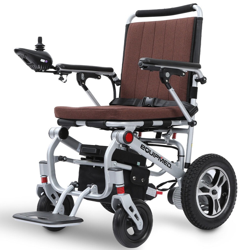 EQUIPMED Ultra-Light Power Wheelchair, Tight Turning, Airline Approved, ARTG Certified, Aluminium Frame, Lithium Battery, Brown