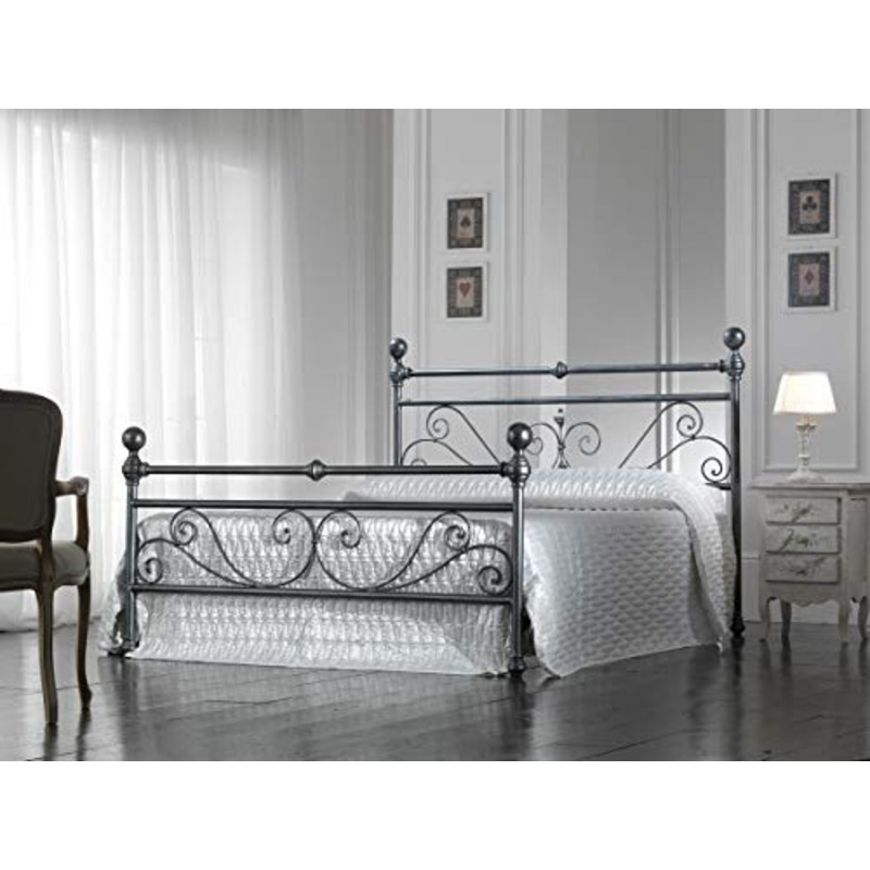 Letto Matrimoniale in Ferro Colore Nero Argento con PEDIERA PREDISPOSTO per Rete con Piedini 160 X 190 CM. Non Inclusa – Prodotto Made in Italy – ARR054