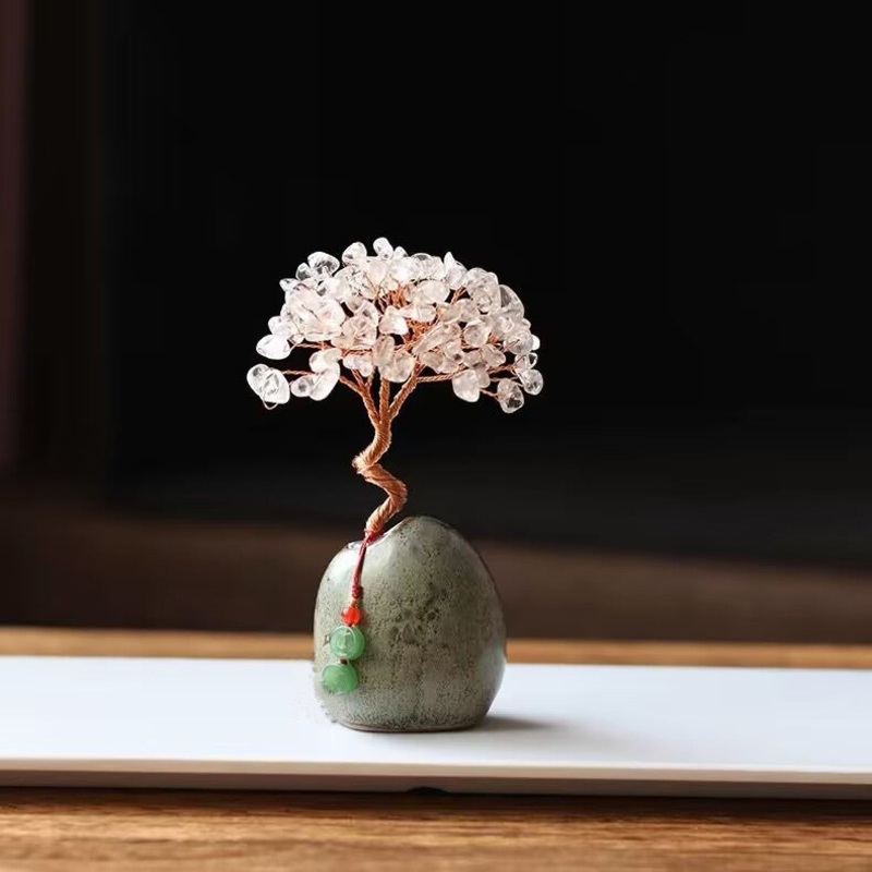 White Crystal Natural Crystal Wealth Tree – 12cm Feng Shui Decor, Elegant Office Desk Ornament