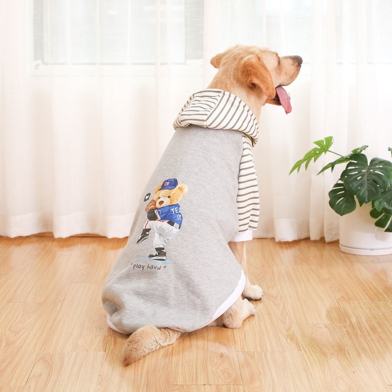 Autumn/Winter Dog Clothes – Grey Hoodie with Striped Hood & Baseball Bear (Size – 3XL)