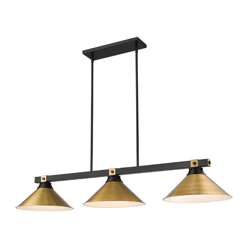 Bronte 3-Light Billiard Matte Black + Rubbed Brass Lipped Cone Rubbed Brass Steel