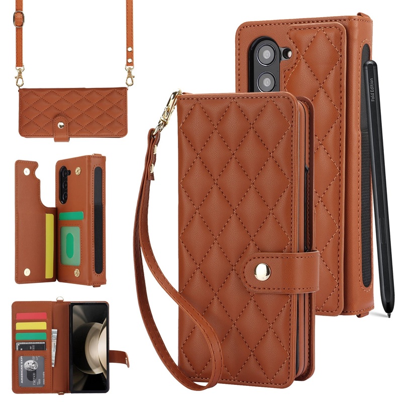 Brown Galaxy Z Fold4 Multi-Functional Leather Wallet Case for Samsung Z Fold Series – Crossbody with Pen Slot, Quilted Design Pen Not Included