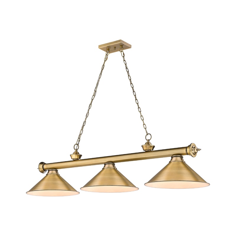 Cordon 3-Light Billiard Rubbed Brass Cone Rubbed Brass Steel