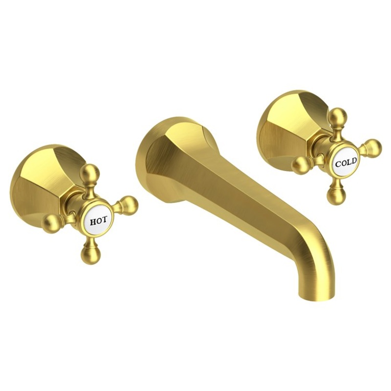 Lavatory Faucet Metropole Wall Mount 8 Inch Spread 2 Cross ADA WaterSense Satin Brass PVD 1.2 Gallons Per Minute Brass Less Drain Spout Reach 7-1/2 Inch