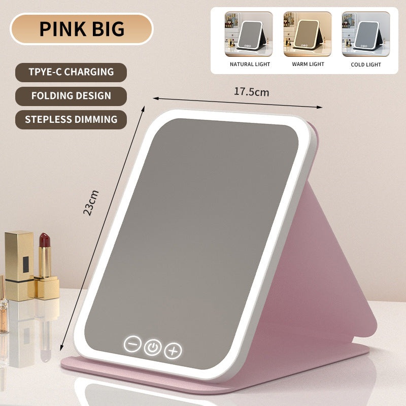 Pink Large Foldable LED Makeup Mirror – Portable Desktop Vanity with 3 Color Lights, Stepless Dimming & Adjustable Stand