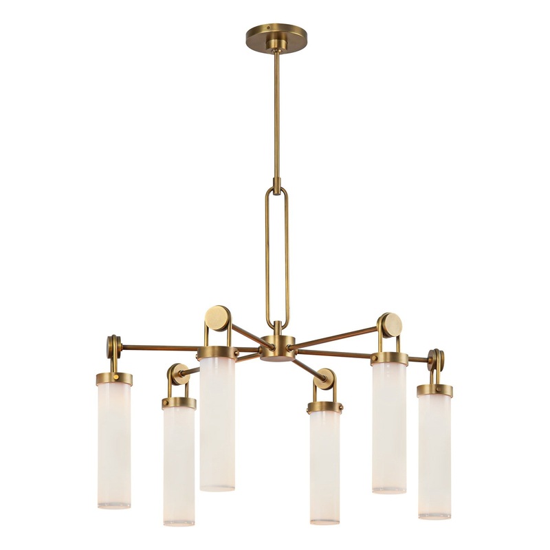Six Light Chandelier from the Wynwood Collection in Vintage Brass/Glossy Opal Glass Finish by Alora