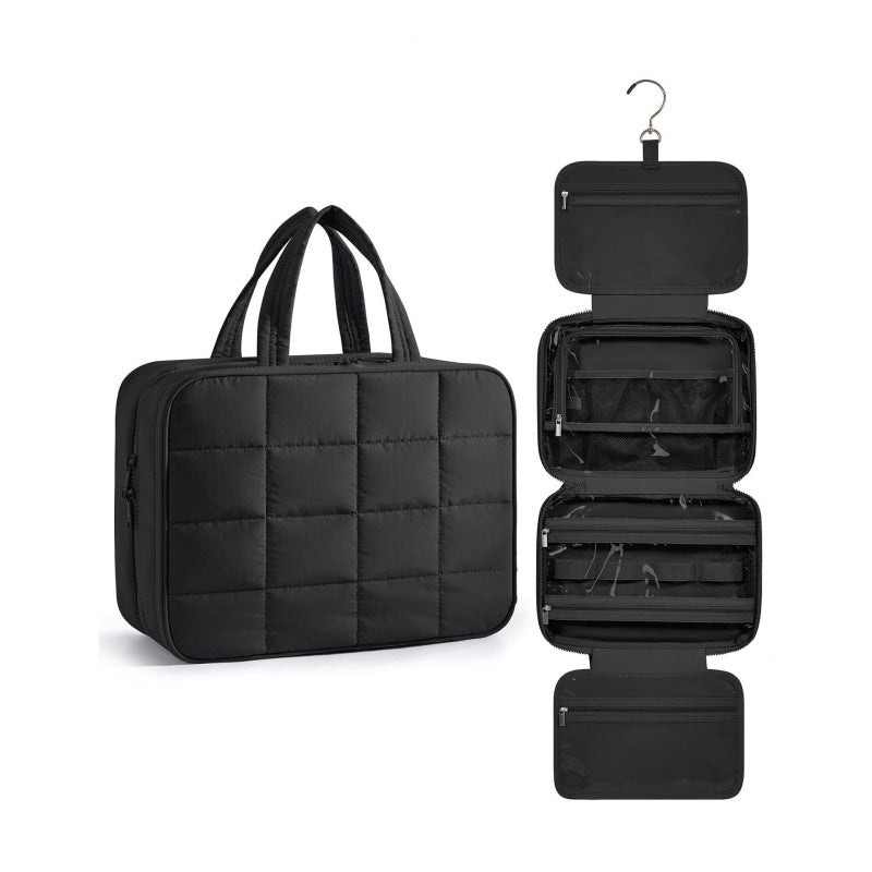 Size M Black Quilted Hanging Toiletry Bag with Jewelry Organizer – Travel Cosmetic Case(28*12*20)