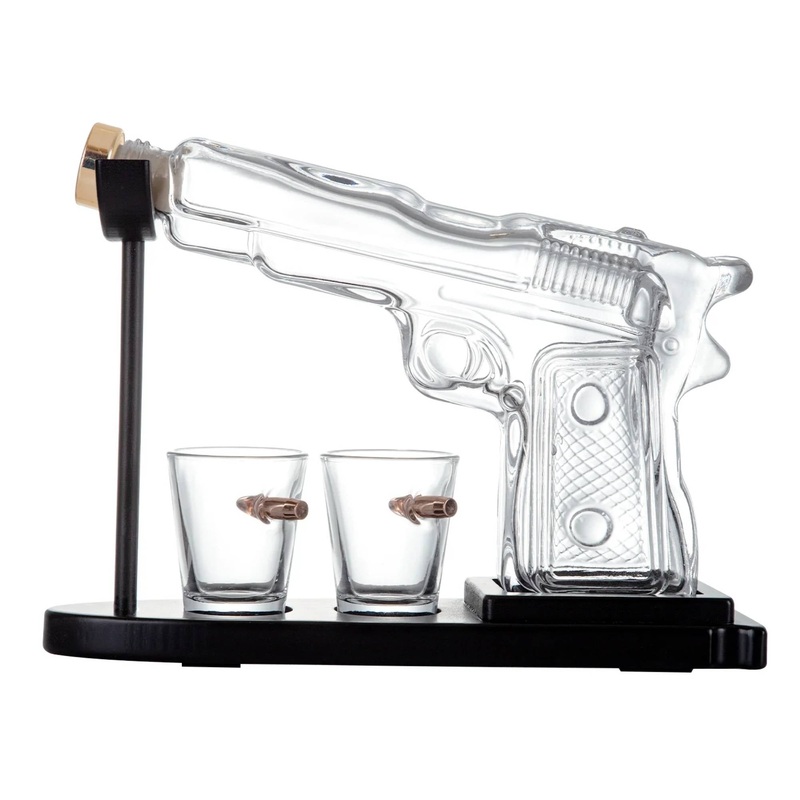 225mL Whisky or Wine Decanter Glass Pistol Set – 2 Shot Glasses + Wooden Stand