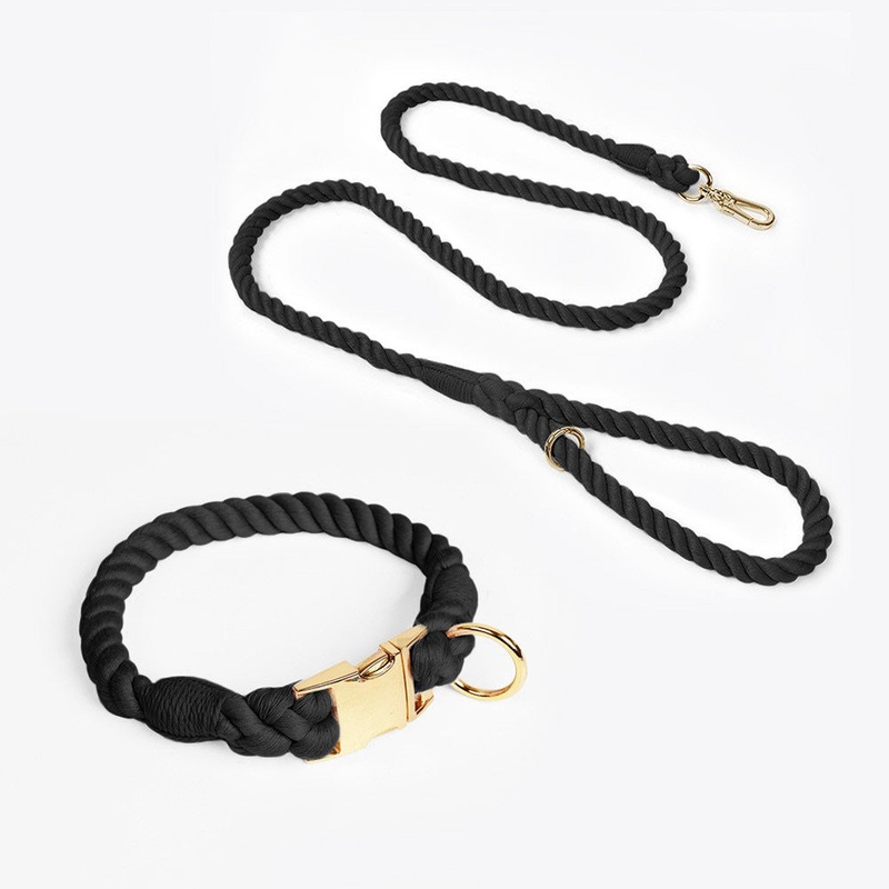 Handmade Rope Dog Collar and Leash Set – Colorful Woven Cotton Cotton (Black – Size S)
