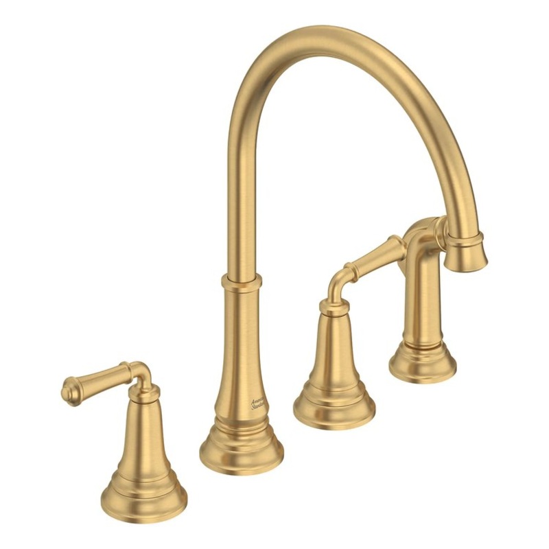 Kitchen Faucet Delancey Widespread 8 Inch Spread 2 Lever ADA CALGreen/CEC Brushed Cool Sunrise High Arc Swivel Spout 4 Hole 1.5 Gallons per Minute