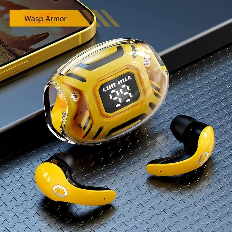 Mecha Style TWS Gaming Earbuds – Bluetooth 5.3, Low Latency, Ear-Hook Design, LED Display Case, Noise Cancelling(yellow)