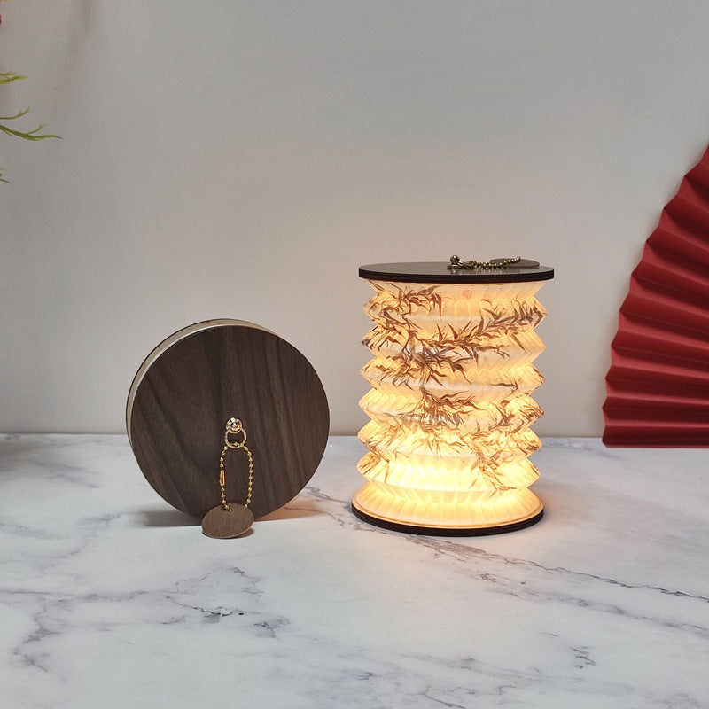 Foldable Telescopic Lantern Lamp – 3 Light Modes, USB Rechargeable, Wood/Paper Finish(Ink Bamboo Painting)
