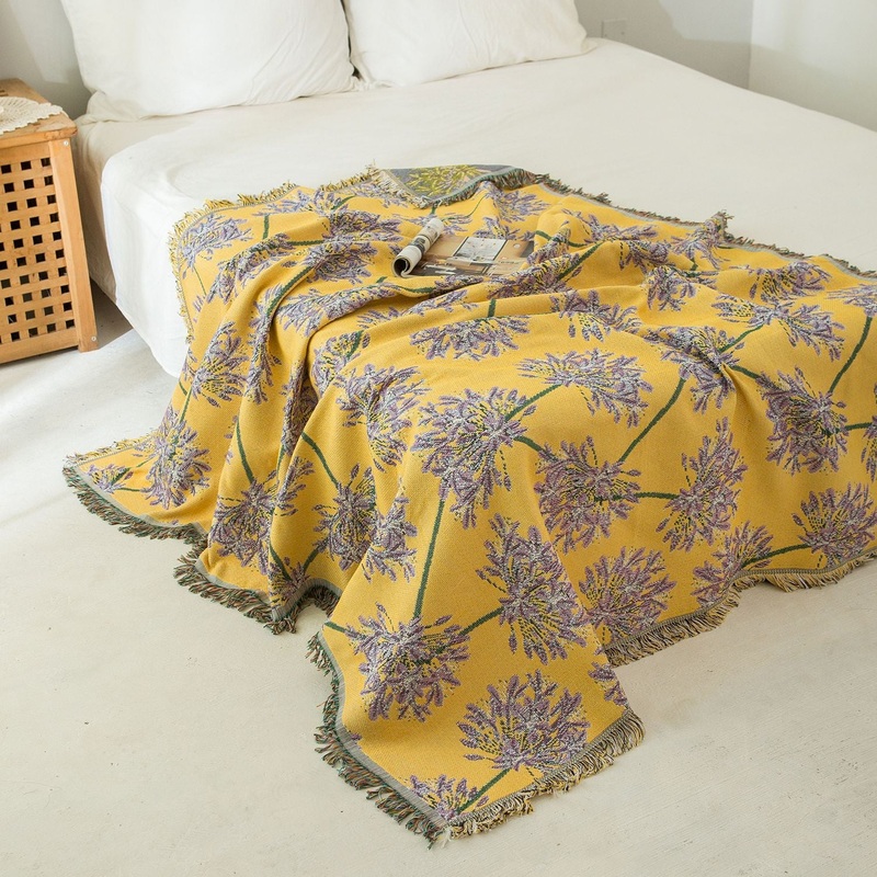 Yellow & Purple  Floral Woven Throw Blanket –  Chic Botanical Print with Tassels, Cotton Blend Sofa & Bed Cover