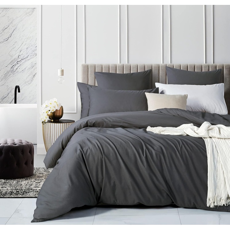 100% Cotton Vintage Washed Bed Quilt Cover Set – Charcoal – King Size
