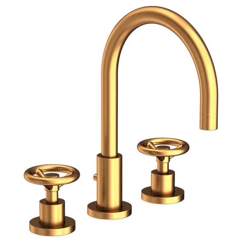 Lavatory Faucet Slater Widespread 8 to 20 Inch Spread 2 Wheel Satin Gold PVD 1.2 Gallons per Minute Brass Spout Height 6 Inch