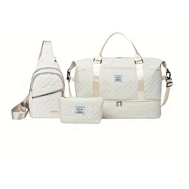Beige Stylish 3-Piece Quilted Travel Bag Set – Weekender Duffel with Shoe Compartment, Sling Bag & Cosmetic Pouch