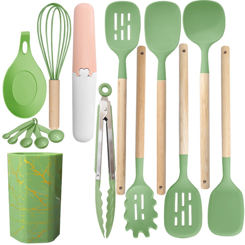 Bamboo Leaf Green 12-Piece Silicone Cooking Utensil Set – Non-Stick Food-Grade Kitchen Tools with Holder