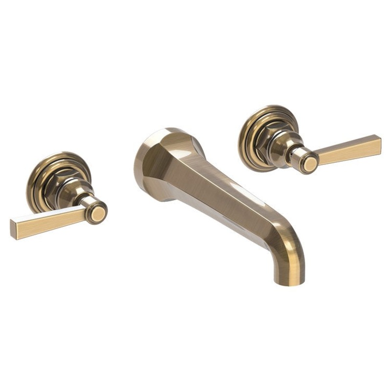 Lavatory Faucet Astor Wall Mount 8 Inch Spread 2 Lever ADA Watersense Antique Brass 1.2 Gallons Per Minute Brass Less Drain Spout Reach 7-1/2 Inch