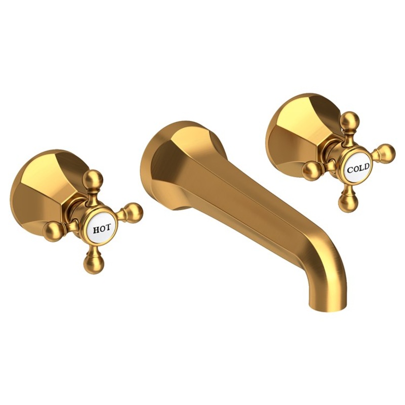 Lavatory Faucet Metropole Wall Mount 8 Inch Spread 2 Cross ADA WaterSense Satin Gold PVD 1.2 Gallons Per Minute Brass Less Drain Spout Reach 7-1/2 Inch