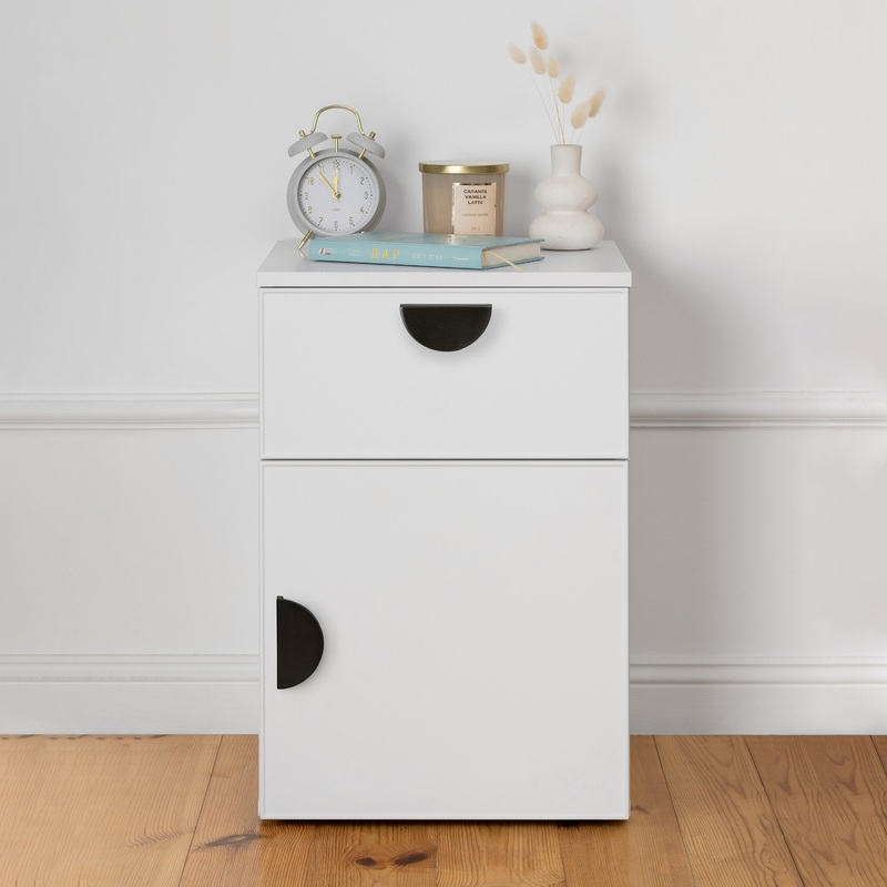 PORTO BEDSIDE TABLE – WHITE – SLIM – HALF MOON BLACK