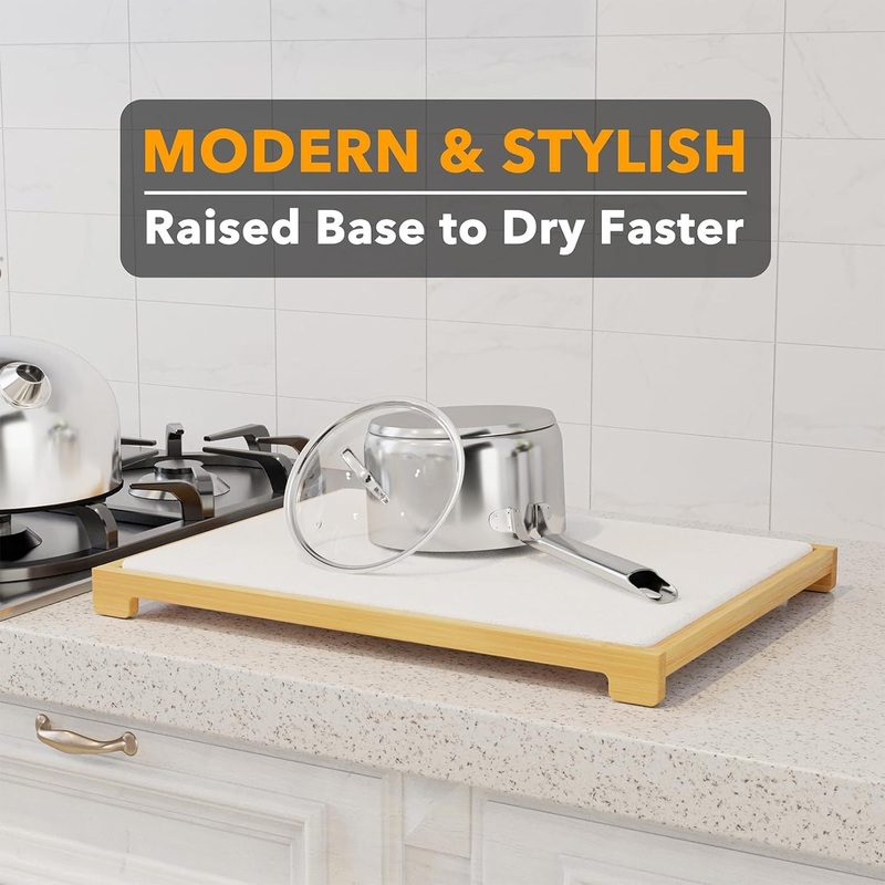 Instant Dry Stone Dish Drying Mat with Bamboo Rack – 2 Ways to Use, Quick Absorbent & Stylish(white)