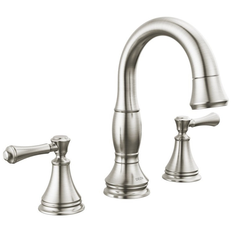 Lavatory Faucet Cassidy Widespread 4-16 Inch Spread 2 Lever ADA WaterSense Brilliance Stainless Pull Down 1.2 Gallons per Minute