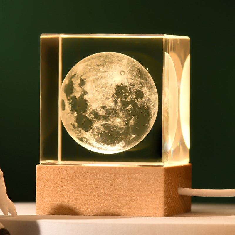 The Moon Luminous 3D Crystal Cube Night Light – Laser Engraved Artwork with Solid Wood Base