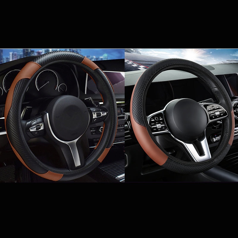 2-Pack (Type A + Type B) Brown And Black Sporty Carbon Fiber Leather Steering Wheel Cover – Universal 38cm Easy-Fit Elastic Grip