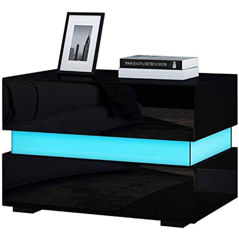 Greensen Comodino con illuminazione a LED, mobile porta tablet, comodino com con 2 cassetti, comodino lucido, com Flow, 60 x 45 x 39 cm(Nero)