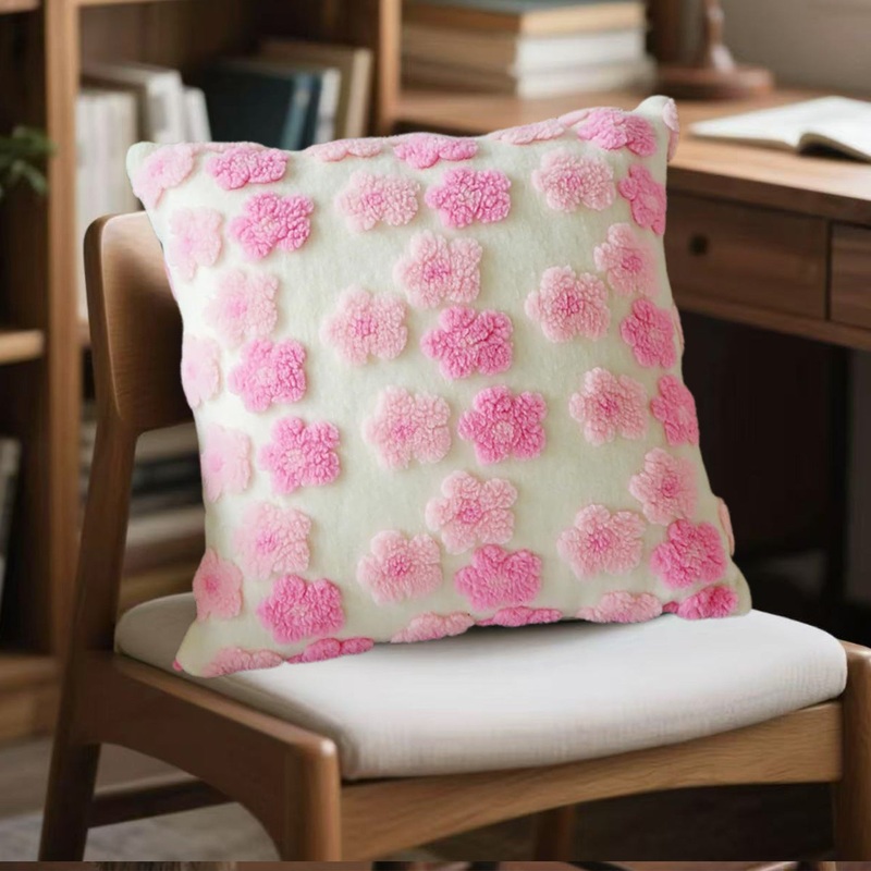 Pink Charming 3D Floral Plush Cushion Covers – Set of 4, 45x45cm Soft Faux Lambswool Pillowcases for Sofa & Bed Decor