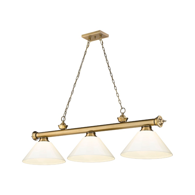 Cordon 3-Light Billiard Rubbed Brass Cone White Plastic