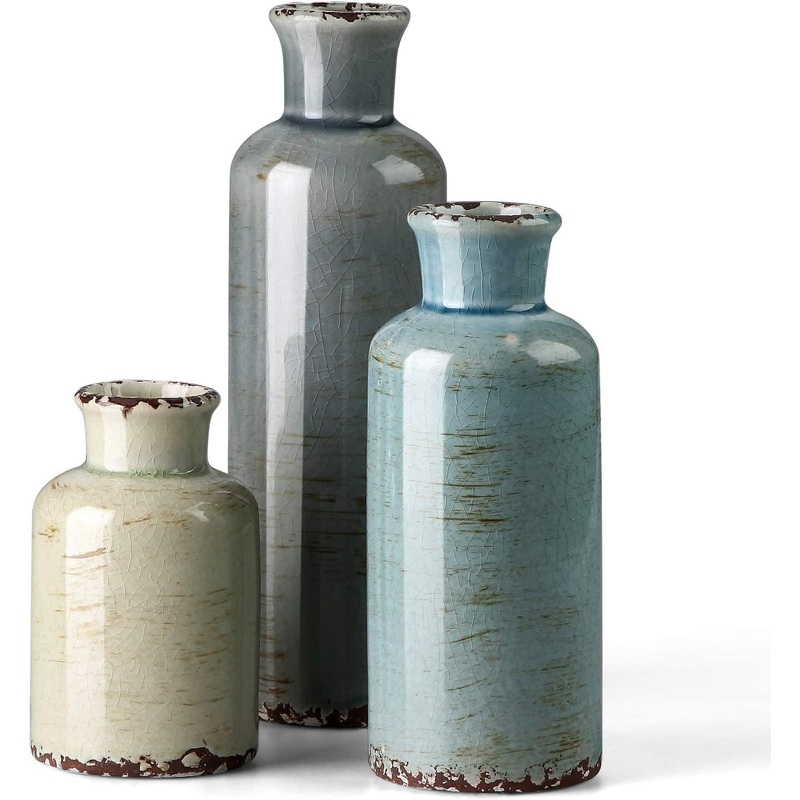 Ceramic Vases Set of 3 Crackled Finish Blue Farmhouse for Home Dcor