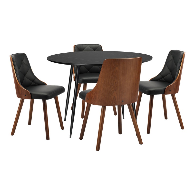 110cm Round Dining Table with 4 Chairs Faux Leather Black