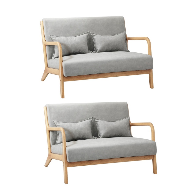 2X Armchair Lounge Chair 2 Seater Fabric Grey Pillows