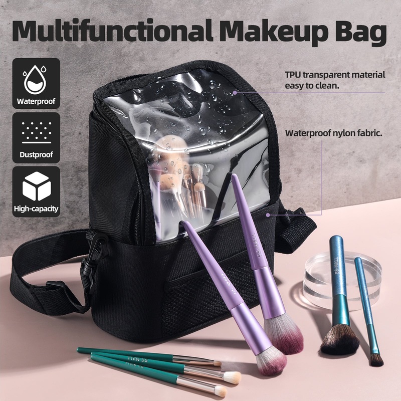 Black Professional Makeup Bag Organizer – Large Capacity Travel Cosmetic Case with Brush Holder, Adjustable Dividers & Shoulder Strap