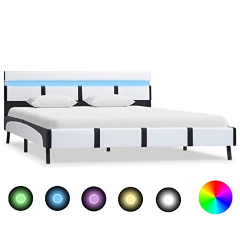 Festnight Struttura Letto Matrimoniale Moderno a Doghe con LED Rivestimento in Ecopelle Bianco e Nero,Letto Singolo in Ecopelle Moderno,Letto Matrimoniale Ecopelle 140×200 cm/160×200 cm/180×200 cm