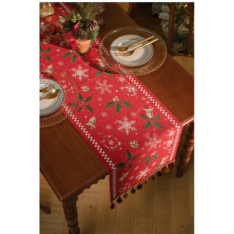 Red Christmas Table Runner with Tassels – Festive Snowflake & Bell Print (35*220cm)
