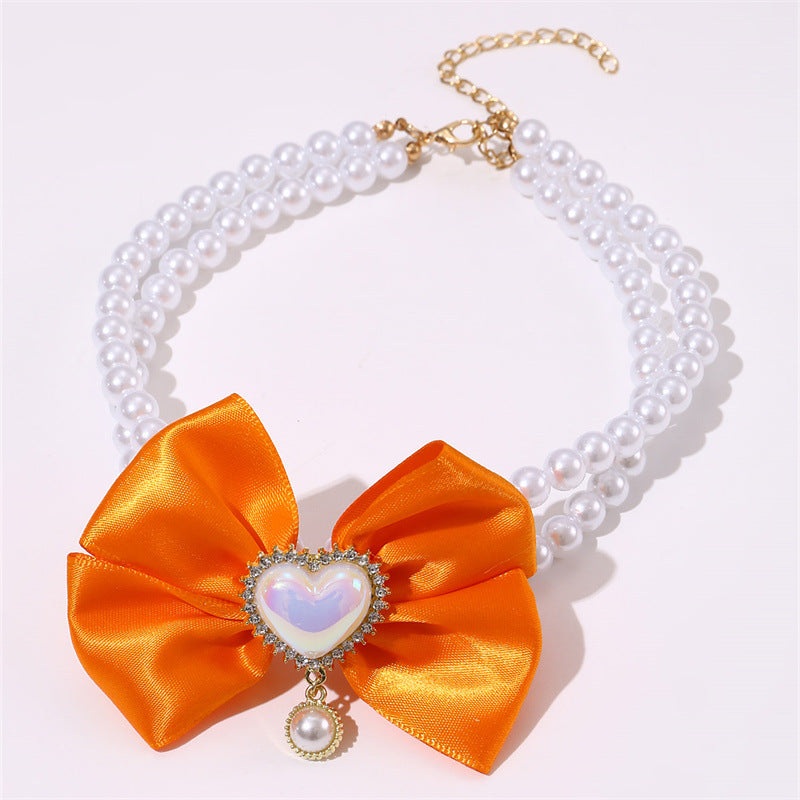 2 – PCS Cute Pet Pearl Necklace Collar with Orange Bow and Heart Charm – Size S
