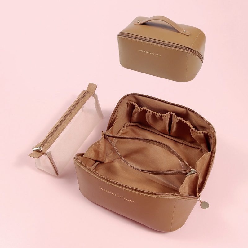 Brown Elegant PU Leather Makeup Bag & Toiletry Organizer with Detachable Mesh Pouch – Large Capacity Travel Cosmetic Case