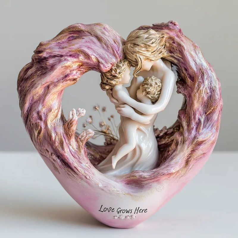 Pink Heartfelt Mother & Two Children Resin Figurine – “Love Grows Here” Decorative Home Accent Sculpture